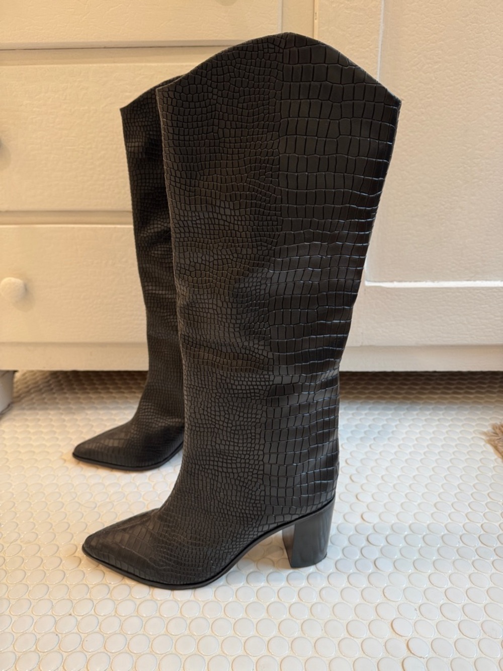 SCHUTZ Maryanna Black Croc-Embossed Over-the-Knee Block Heel Boots
